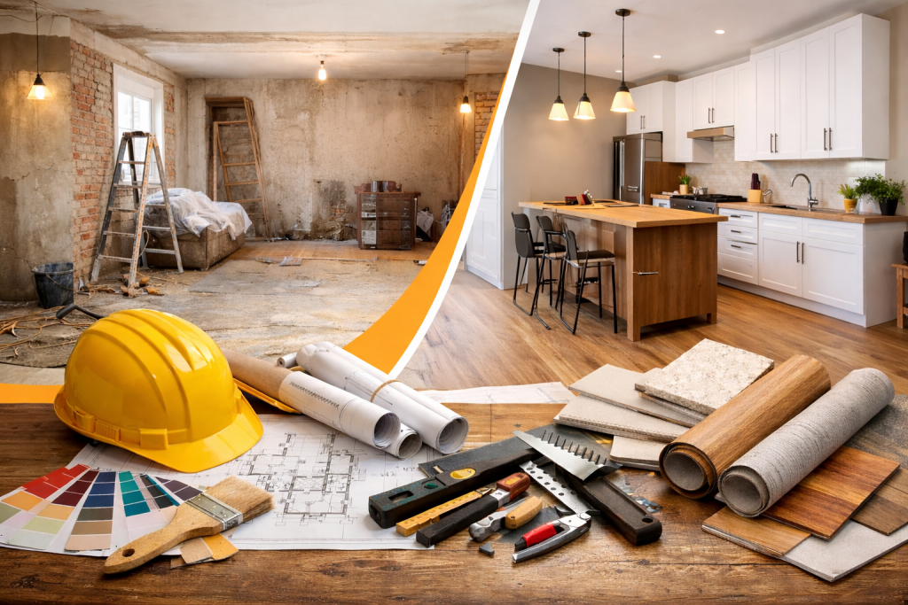 Imagen de reforma en Huelva con comparativa antes y después: estancia en obra a la izquierda y cocina moderna terminada a la derecha, separadas por un trazo naranja.