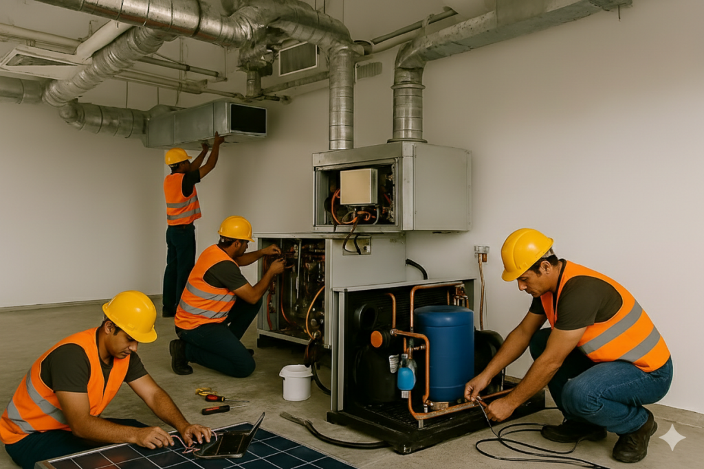 Cuatro técnicos con casco y chaleco de seguridad realizando trabajos de instalación y mantenimiento de sistemas de climatización y frío industrial en el interior de un edificio.
