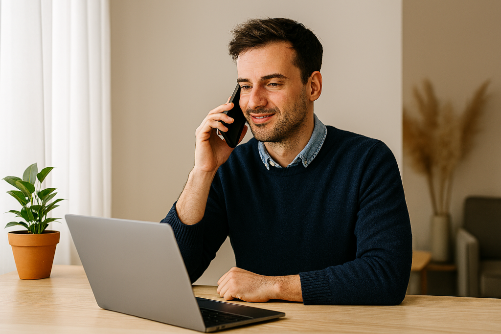 Persona atendiendo una llamada mientras trabaja con un portátil en un escritorio, representando atención al cliente y comunicación profesional.