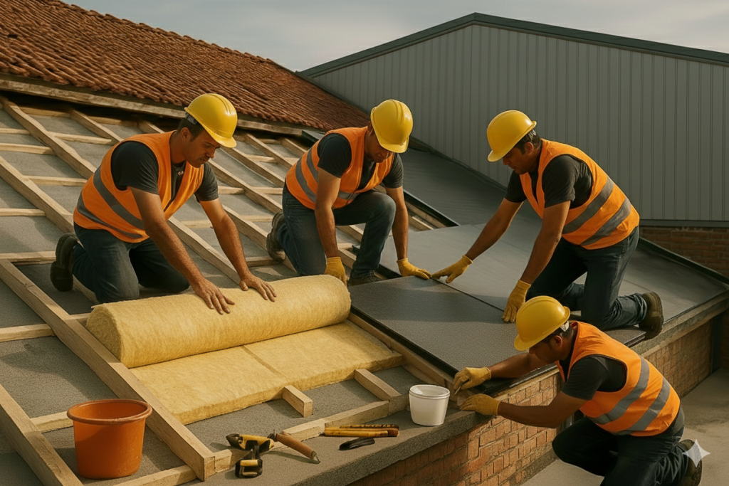 “Cuatro operarios con casco y chaleco de seguridad instalando aislamiento y trabajando en la estructura de una cubierta inclinada.