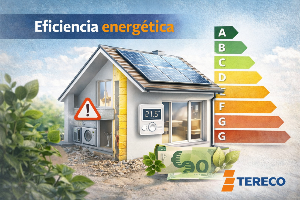 Casa con paneles solares, aislamiento y ventanas eficientes junto a una escala de calificación energética A–G, con símbolos de ahorro y sostenibilidad y el logo de TERECO.