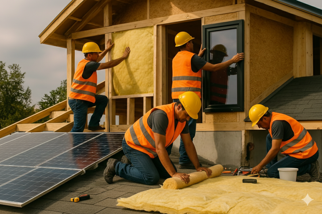 Cuatro operarios con casco y chaleco de seguridad trabajando en la mejora energética de una vivienda, instalando aislamiento y sistemas sostenibles en la estructura.