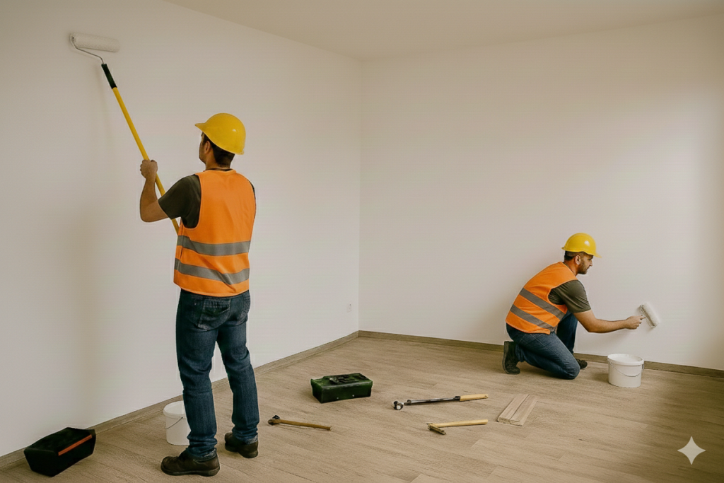 Dos operarios con casco y chaleco de seguridad pintando las paredes de una estancia durante un trabajo de pintura profesional.