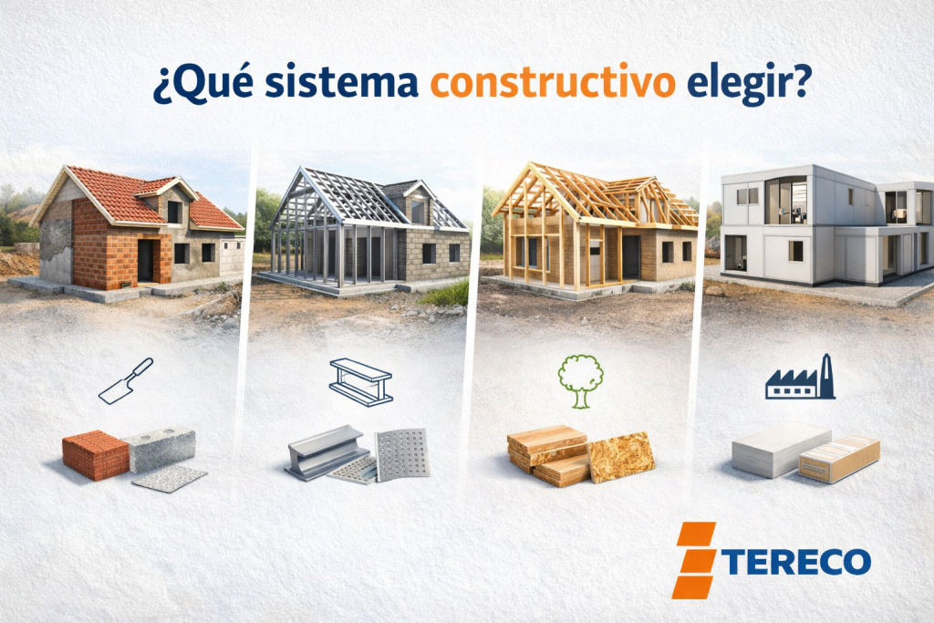 Comparativa visual de sistemas constructivos: casa tradicional de ladrillo, estructura de acero, entramado de madera y vivienda modular prefabricada, con iconos de materiales y logo de TERECO.