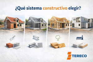 Comparativa visual de sistemas constructivos: casa tradicional de ladrillo, estructura de acero, entramado de madera y vivienda modular prefabricada, con iconos de materiales y logo de TERECO.