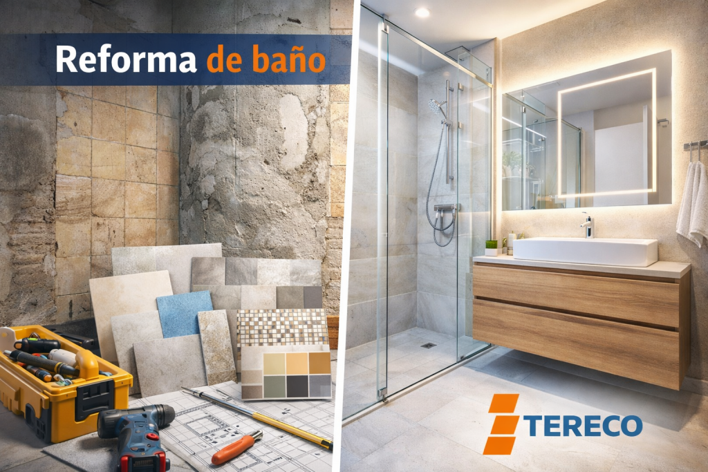 Antes y después de una reforma de baño: zona en obra con herramientas y muestras de azulejos a la izquierda, y baño moderno terminado con ducha de cristal y mueble suspendido a la derecha, con logo de TERECO.