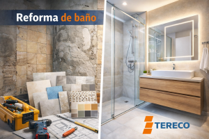 Antes y después de una reforma de baño: zona en obra con herramientas y muestras de azulejos a la izquierda, y baño moderno terminado con ducha de cristal y mueble suspendido a la derecha, con logo de TERECO.