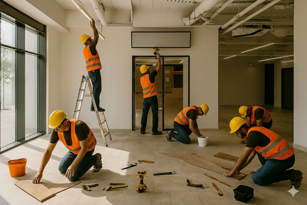 Seis operarios con casco y chaleco de seguridad realizando diferentes trabajos reforma de un local comercial