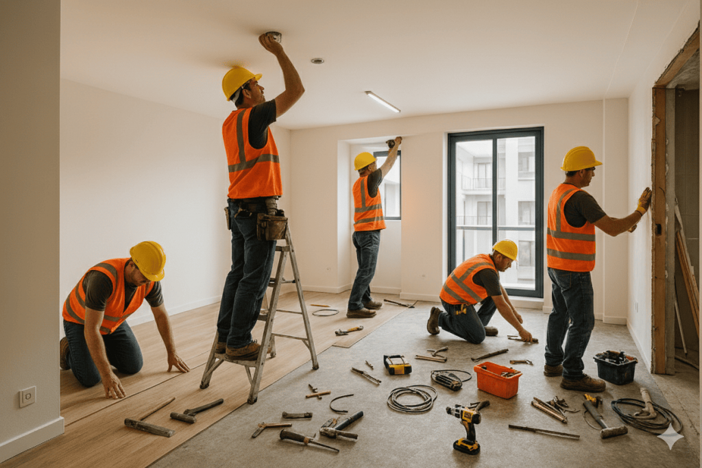 Equipo de cinco operarios con casco y chaleco de seguridad realizando diferentes tareas de reforma en el interior de una vivienda luminosa.