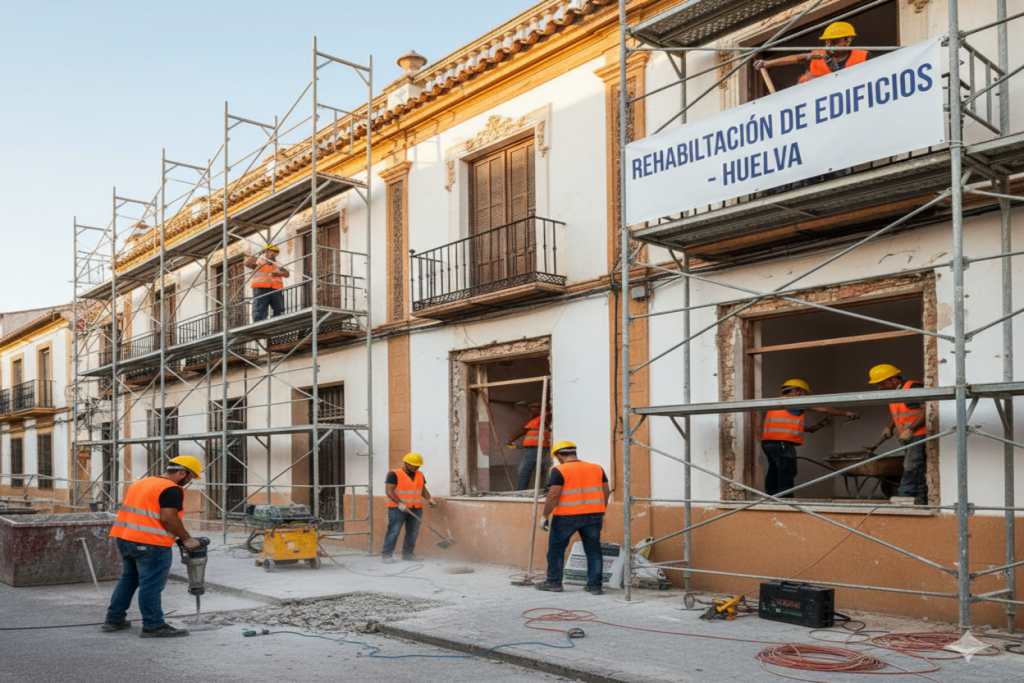 Trabajadores con casco y chaleco de seguridad realizando labores de rehabilitación en la fachada de un edificio en Huelva.