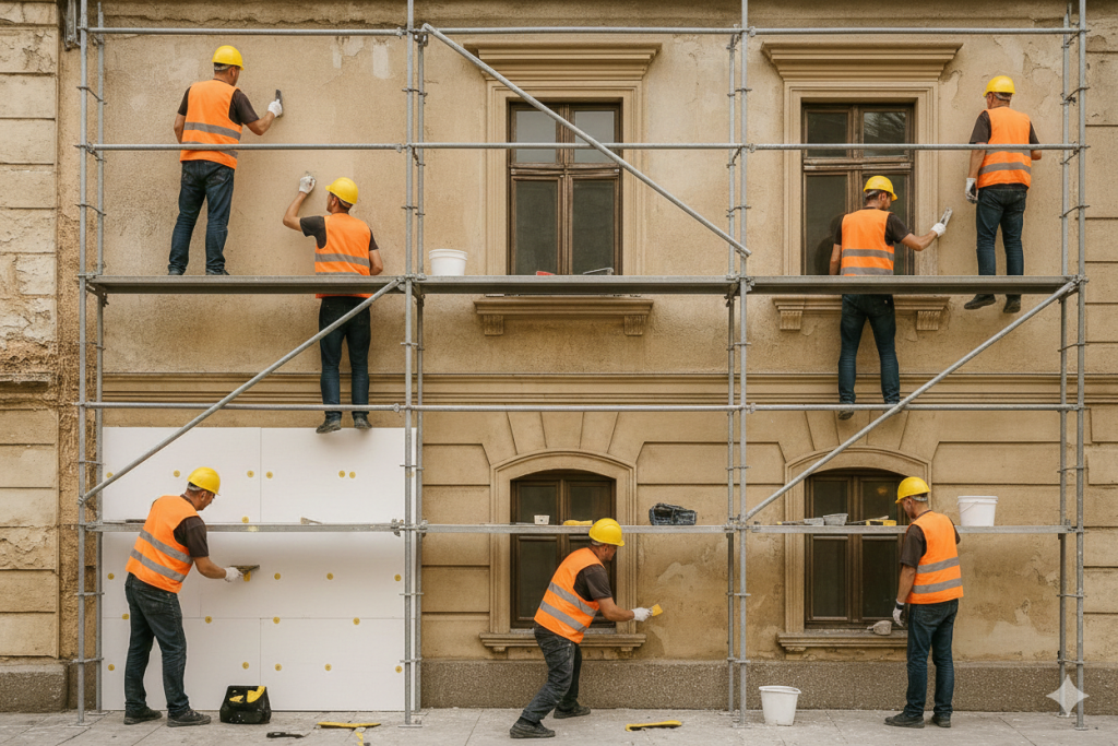 Seis operarios con casco y chaleco de seguridad trabajando en la rehabilitación de la fachada de un edificio desde andamios y a pie de obra.