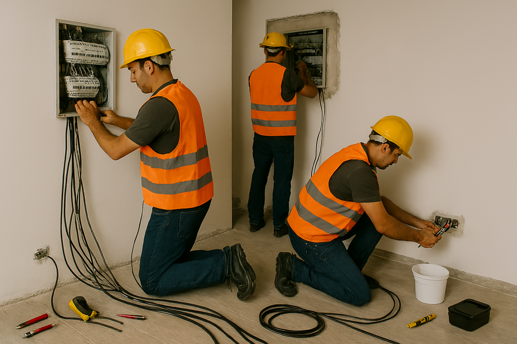 Tres técnicos con casco y chaleco de seguridad realizando trabajos de instalación eléctrica en el interior de un edificio.